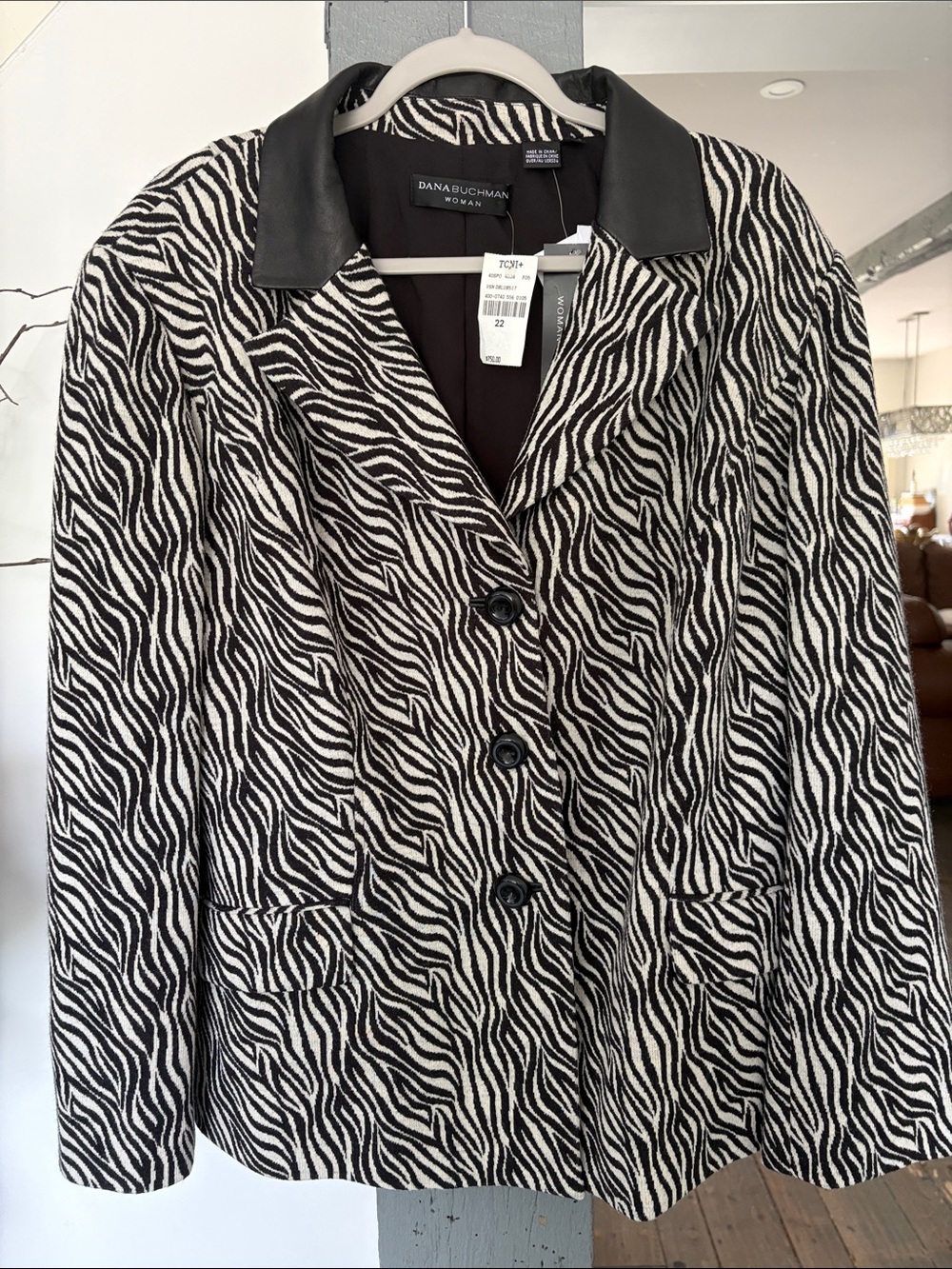 Dana Buchman Black and White Zebra-Print Blazer with Faux Leather Collar
